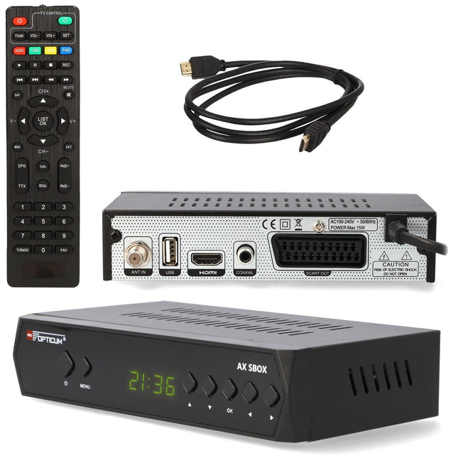 RED OPTICUM HD satelliitvastuvõtja satelliitantennile salvestusfunktsiooniga, AAC-LC heli, PVR, HDMI, SCART, USB, koaksiaalkaabel - Timeshift ja ühe kaabliga ühilduv - SBox satelliitvastuvõtja komplekt + HDMI kaabel