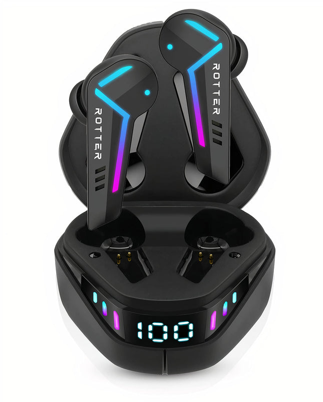 ROTTER® juhtmevabad Bluetooth-mobiilsed mängukõrvaklapid, äärmiselt madal latentsusaeg 50 ms, Bluetooth 5.3, kahe režiimiga, 35 tundi mänguaega, IPX4 veekindlus, 6 mikrofoni (mustad)