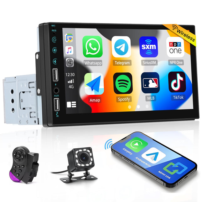 Hikity autoraadio 1 DIN juhtmevaba Carplay Android Auto ekraaniga 7-tolline puutetundlik ekraan autoraadio Bluetoothi ​​ja vabakäesüsteemiga, peegli lingiga, FM-raadio USB/AUX/SWC/mikrofoniga tahavaatekaamera