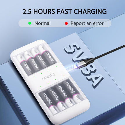 Miady Rechargeable Lithium Batteries AA 8 Pack with Charger, 2500mWh 1.5V Batteries 2000 Charging Cycles Fast Charging in 2.5 Hours