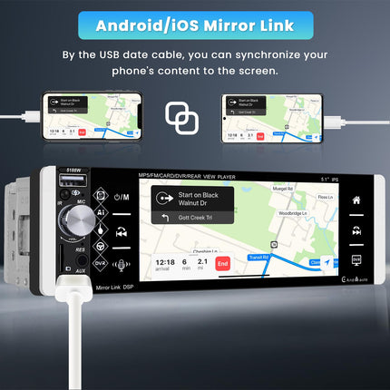 Inefala juhtmevaba Carplay autoraadio 1 DIN Android Auto FM/AM/RDS raadio Bluetooth, 5.1-tolline autoraadio peegliühendusega Bluetooth vabakäesüsteem USB/AUX/TF/EQ roolil juhtimine tahavaatekaamera