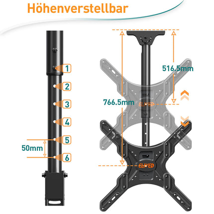 ELIVED teleri laekinnitus enamiku 24–65-tolliste lame- ja kumerate telerite jaoks kuni 45 kg, max. VESA 400x400 mm, kõrgusega reguleeritav telerikinnitus lame- või kaldkatustele, EV3015