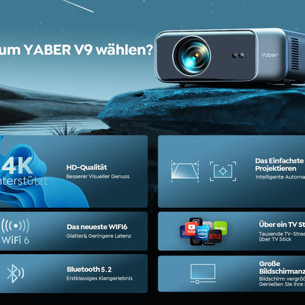Projector, [Autofocus/Keystone Correction] Projector Home Theater, 1080P Full HD Projector Supports 4K Video with WiFi6 Bluetooth, YABER 28000 Lumen Portable Projector Outdoor 300" Display, for Smartphone/TV Stick/PS5