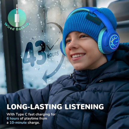 iClever Bluetooth kõrvaklapid lastele LED-tuledega, 74/85dBA helitugevuse piirang, 43 tundi mänguaega, stereoheli, Type-C, AUX-kaabel, Bluetooth 5.3 laste kõrvaklapid tahvelarvuti/reisimiseks