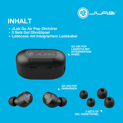 JLab Go Air Pop-kõrvaklapid, juhtmevabad Bluetooth-kõrvaklapid, tõeliselt juhtmevabad kõrvaklapid, üle 32 tunni mänguaega, juhtmevabad kõrvaklapid mikrofoniga, USB laadimisümbris, kahekordne ühendus, EQ3 heli, must