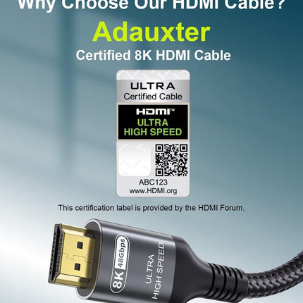 Adauxter 10K 8K HDMI 2.1 kaabel 7,5M, sertifitseeritud 48 Gbps ülikiire HDMI-kaabel Ethernetiga 4K 240 Hz 165 Hz 144 Hz 120 Hz 8K 60 Hz eARC HDCP2.3 HDR10+ arvuti sülearvuti teler monitor projektor PS5 X-Box