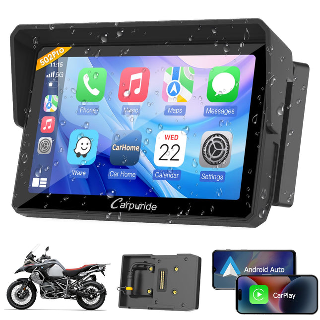 Carpuride W502PRO B BMW mootorrattale CarPlay ja Android Auto ning kahekordne Bluetooth, 5-tolline veekindel puuteekraan mootorrattale, muusika jagamine, intercom, valgussensor, kompass, baromeeter