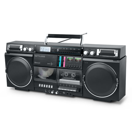 MUSE Bluetooth Retro Boombox with Radio, CD, Cassette Recorder, 80W Output Power, USB, Aux, Micro SD Card Slot