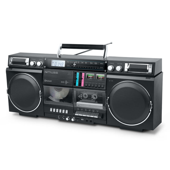 MUSE Bluetooth Retro Boombox raadio, CD, kassettmaki, 80W väljundvõimsuse, USB, Aux ja microSD-kaardi pesaga
