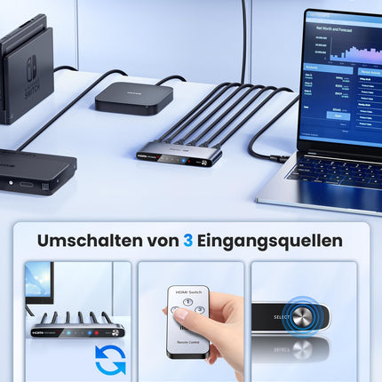 Llano 2024 uuendatud versioon HDMI automaatne lüliti 4K@120Hz 8K@60Hz IR-kaugjuhtimispuldiga, lüliti valijaga, 4 sisendit, 1 väljund, toetab ARC, CEC, HDCP2.3, 3D, HDR10+ VRR ALLM-i PS5 ja Xboxi jaoks