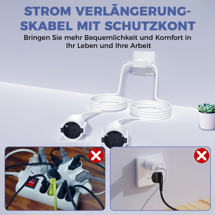 BrightArk pikenduskaabel topeltpistik 2M+2M, topeltpistik pistikupesale 2-in-1, topeltpistik pistikupesale IP20, 250V, 16A, 4000W kaitsekontaktiga pikenduskaabel kodukontorisse ja kööki