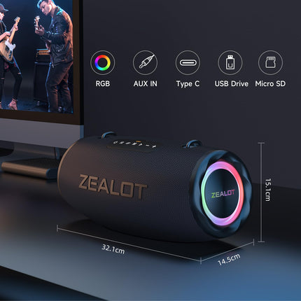ZEALOT Bluetooth-kõlar, õue Bluetooth-kõlar, 80W stereoheli, BassUp, 16000mAh aku, AUX-port, USB, Micro SD/TF, USB-C, akupank, Bluetooth 5.2, IPX6 veekindel, telkimiseks, basseini jaoks, aia jaoks
