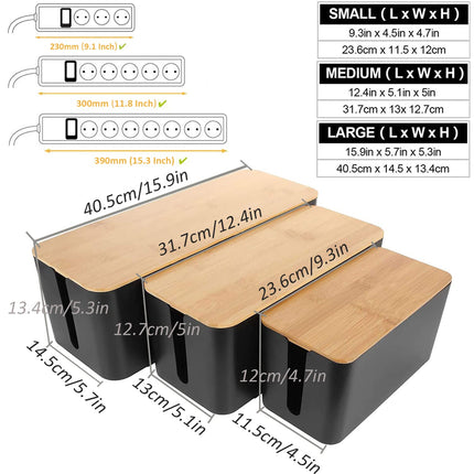ASelected set of 3 cable boxes black, large cable organizer box with wooden lid for cables, large and small cable management box adapters, power strips, cable hiding box