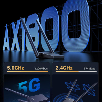 UGREEN AX1800 USB WLAN-i mälupulga adapter WiFi 6 USB 3.0 adapter arvutile. Kahe 5dBi WLAN-antenniga sisseehitatud draiver, superseina läbitungivus ja kahe sagedusalaga (5GHz/2.4GHz) Windows 10/11 jaoks.