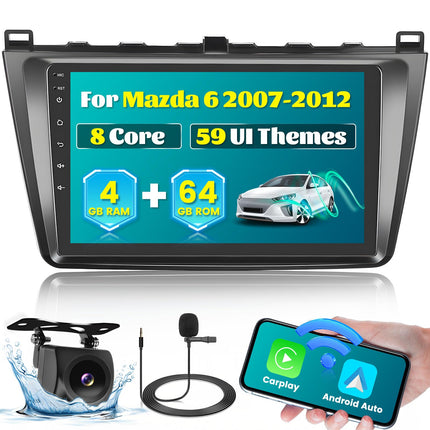 [2025. aasta uuendus 8-tuumalise 4G+64G] Hikity 9-tolline Android 13 armatuurlaua raadiokomplekt Mazda 6 2007-2012 autoraadiole, 2DIN, CarPlay, Android Auto, juhtmevaba WiFi, GPS, BT5.0, 59UI, 32DSP, RDS, mikrofon, tahavaatekaamera