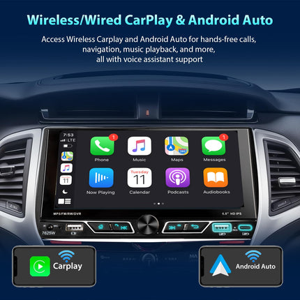 Alondy 2Din autoraadio 6,8-tollise ekraaniga, ühildub [juhtmevaba] Apple CarPlay/Android Autoga, Bluetooth Type-C, USB 2.1A, kiirlaadimine, tahavaatekaamera, AM/FM/RDS raadio, DSP