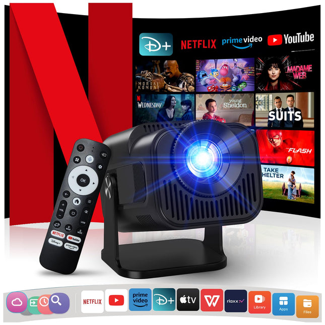 [Netflixi ametlik/stereokõlar] 4K projektor WiFi ja Bluetoothiga, 1080P natiivne mini kaasaskantav projektor, ühe klõpsuga kasutatav sisseehitatud Netflix/YouTube/PrimeVideo/D+, nutika kodu õueprojektor must