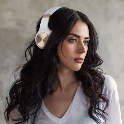 Riwbox Bluetooth kõrvaklapid, XBT-80 kokkupandavad juhtmevabad stereo kõrvaklapid mikrofoni ja helitugevuse regulaatoriga, juhtmega ja juhtmevabad, arvuti/mobiiltelefonide/teleri jaoks (valge ja kuldne)