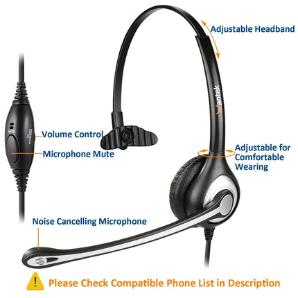 Wantek RJ9 Telephone Headset with Microphone Noise Cancelling &amp; Volume Control, Landline Telephone Headphones for Cisco Telephone 6921 6941 6945 7841 7942 7945 7960 7965 8811 8851(Y600C1)