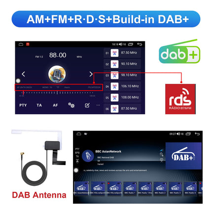 Android 12 autoraadio navigatsiooniga, 10,1-tolline ekraan, sisseehitatud DAB+, Android Auto ja juhtmevaba Carplay, kahe DIN-iga raadio, autoraadio puutetundliku ekraaniga, Bluetooth, 8-tuumaline, 2G+32G ROM, WiFi, 4G GPS, AM/FM RDS, 2 DIN-i.