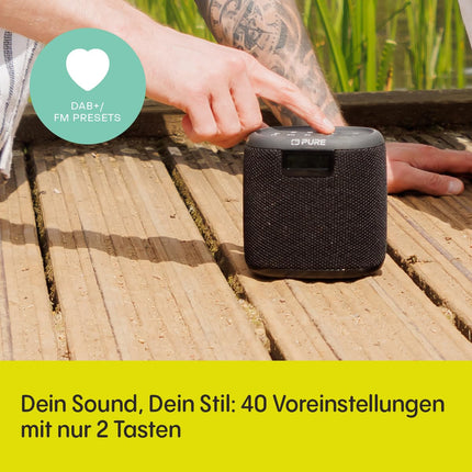 Pure Woodland Mini Outdoor Speaker with Bluetooth &amp; DAB+/FM Radio (waterproof IP67, robust, portable, 14h battery, perfect for garden &amp; camping) Black