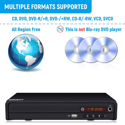 WISCENT HD DVD-mängija telerile HDMI/AV/koaksiaalväljundiga (HDMI-kaabel kaasas), USB 2.0 meediapleier, kõik regioonivabad, kompaktne DVD/CD-mängija (mitte Blu-ray)