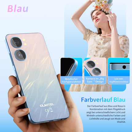 OUKITEL C58 (16GB+128GB) nutitelefon ilma lepinguta - 6,67-tolline 90Hz Android 14 mobiiltelefon soodne, 5150mAh aku, 13MP+5MP kaamera, näotuvastus ja sõrmejäljelugeja, NFC, GPS, kahe SIM-kaardi pesa 4G soodne nutitelefon, sinine
