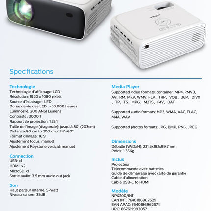 Philips NeoPix 200, projektor Full HD 1080p, kõrge kontrastsus, mitu pildikorrektsiooni paindlikuks paigaldamiseks, mitu HDMI-porti