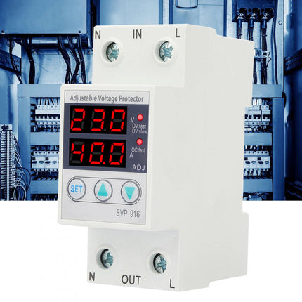 Undervoltage protection device, voltage current protector, 230VAC intelligent single-phase adjustable overvoltage undervoltage current protector, DIN rail installation, for power supply systems (63A)