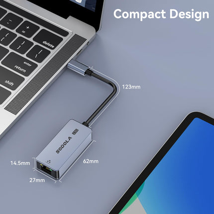 Sodola USB C 2.5G LAN-adapter Etherneti adapter RJ45 2500Mbps võrguadapter, Etherneti adapter sülearvutile, alumiinium, C-tüüpi LAN-adapter, ühildub NAS-i, MacBook Airi/Pro, iPhone 15/16 Pro/Maxi jaoks