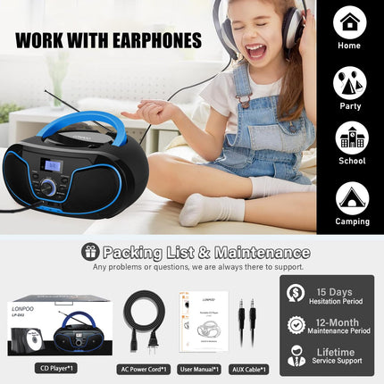 Kaasaskantav CD-mängija Boombox Bluetooth - FM-raadio, USB-sisendi ning AUX- ja kõrvaklappide portidega, 2 x 2-vatise RMS-stereosüsteemiga (LP-D02)