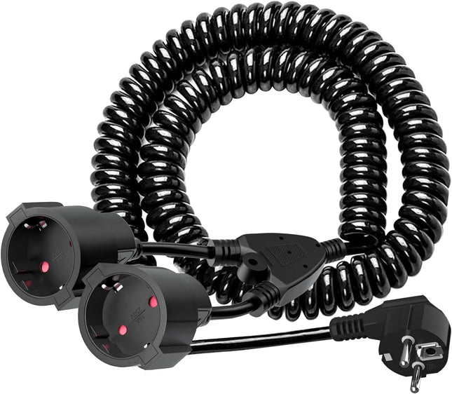Protective contact spiral extension, Schuko extension cable with 2 Schuko sockets, 3M protective contact spiral cable stretchable from 0.9m to 3m max, 230V/16A PVC extension cable, black