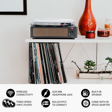 Trynnay plaadimängija kõlariga vinüülplaadimängija Juhtmevaba LP-fonograaf sisseehitatud stereokõlaritega 3-käiguline rihmülekandega plaadimängija kõlaritega Vintage Charcoal