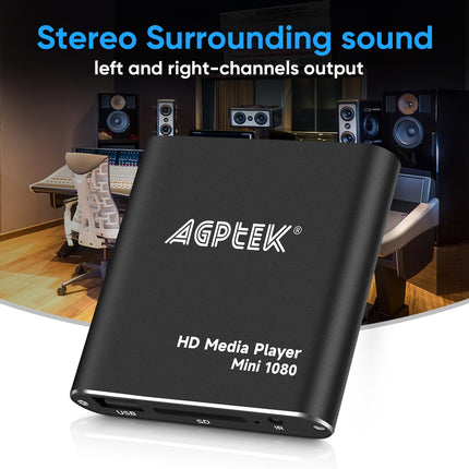 AGPTEK Mini 1080P Full HD digitaalne meediapleier Meediapleier kaugjuhtimispuldiga MP3, WMA, OGG, AAC, FLAC, APE, AC3, DTS, ATRA jaoks