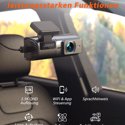 iZEEKER 2.5K WiFi autokaamera, mini autokaamera 1440P esikaamera rakenduste toega, 32 GB kaart, öine nägemine, WDR, G-andur, silmussalvestus, 24H parkimisrežiim