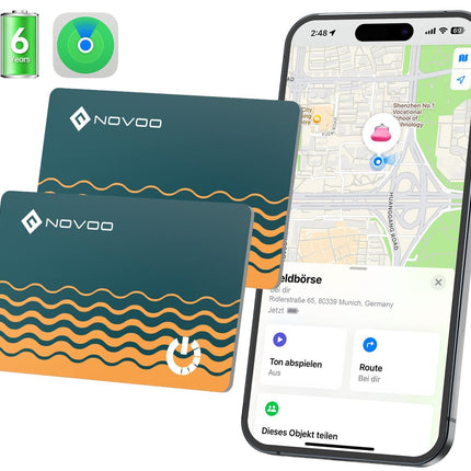 NOVOO Air Tag Card nutikas rahakoti jälgimiskaart, 2 tk, õhuke Bluetooth-silti, 1,6 mm, aku tööiga 6 aastat, ühildub Apple Find My rakendusega (ainult iOS), esemete leidja rahakoti, pagasisildi ja passi jaoks.