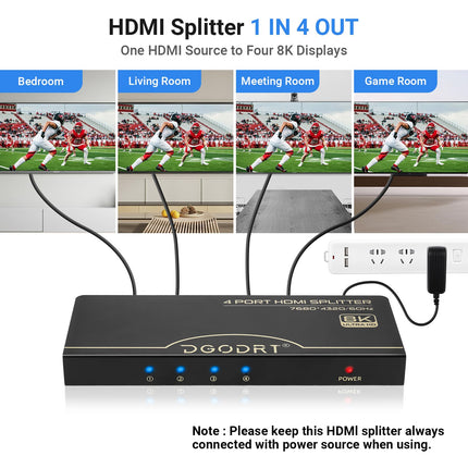 HDMI jaotur 1 sisend 4 väljundit, 4K 120Hz / 8K 60Hz 1x4 audio-video HDMI 2.1 jaotur toiteplokiga, toetab 3D HDR-i
