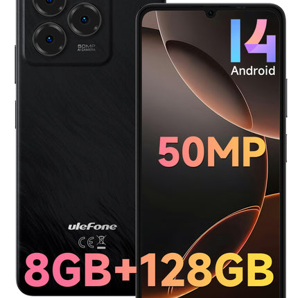 Ulefone Note 20 Pro mobiiltelefon Android 14, 8 GB RAM + 128 GB ROM / SD-1TB, 50MP + 8MP kaamera Octa Core 6.75" HD+ Widevine L1, 6000mAh aku, kahe SIM-kaardiga 4G nutitelefon ilma lepinguta GPS/OTG/Face ID/sõrmejäljelugeja must