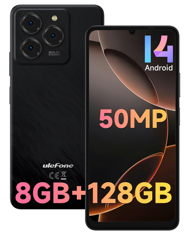 Ulefone Note 20 Pro mobiiltelefon Android 14, 8 GB RAM + 128 GB ROM / SD-1TB, 50MP + 8MP kaamera Octa Core 6.75" HD+ Widevine L1, 6000mAh aku, kahe SIM-kaardiga 4G nutitelefon ilma lepinguta GPS/OTG/Face ID/sõrmejäljelugeja must
