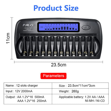 CITYORK 12 pesaga LCD-nutilaadija sisseehitatud IC-kaitsega, AA/AAA NI-MH/NI akudele - vahelduvvooluadapteriga [12V 2A kiirlaadimisfunktsioon], AA akukomplektidega