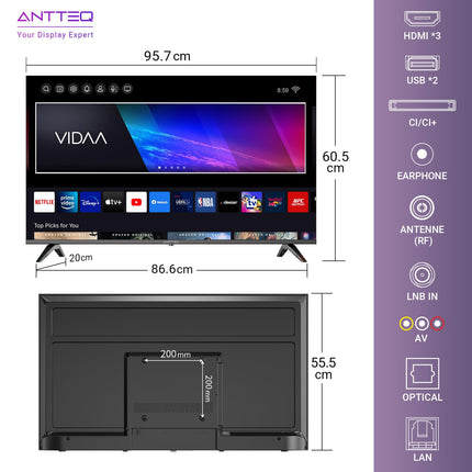Antteq V43-AF3Q1-BT nutiteler 43-tolline (109 cm) televiisor, FHD, Vidaa OS, App Store, Bluetooth-juhtimine, Netflix/Prime Video/DAZN/UVM, WiFi, kolmekordne tuuner (DVB-T2/S2/C), hotellirežiim, 2025