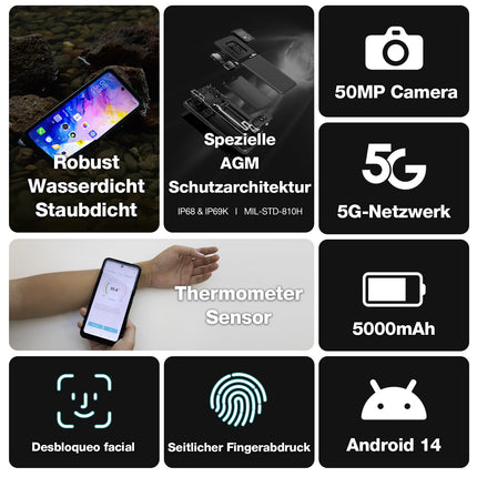 AGM X6 5G õuetelefon ilma lepinguta nutikella ja kõrvaklappidega, 8GB+128GB/512GB, 6,78'' FHD+ ekraan, Android 14 vastupidav veekindel nutitelefon, 50MP+16MP, topelt-SIM/Face ID/5000mAh aku, must
