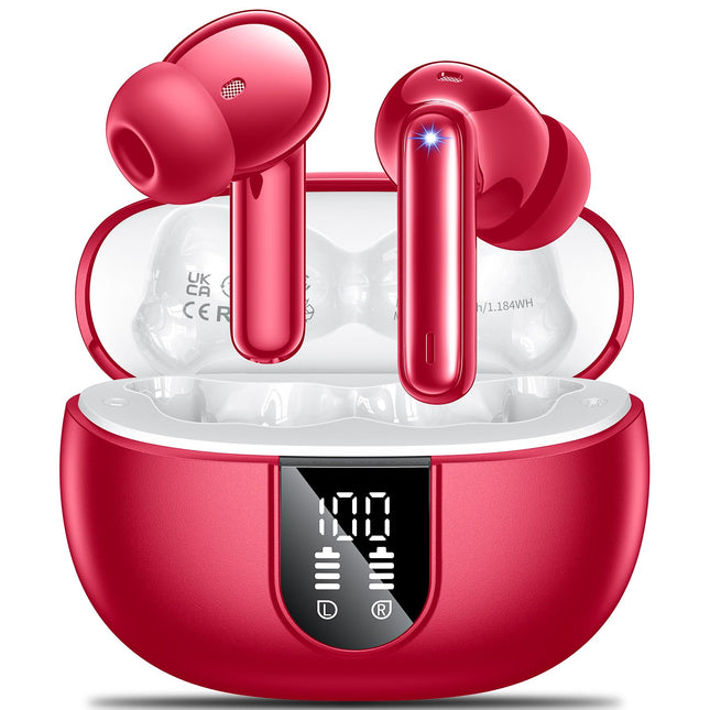 Bluetooth-kõrvaklapid, juhtmevabad Bluetooth 5.3 spordikõrvaklapid 4 ENC-mikrofoniga, basstereo ja 42-tunnine mänguaeg, IPX7 veekindlad kõrvaklapid, LED-akunäidik, ühildub iOS-i ja Androidiga, punane