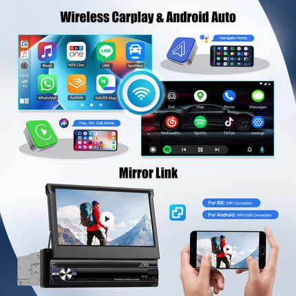 [4+64GB] SIXWIN 1 DIN Android 13 navigatsiooniga autoraadio juhtmevaba Carplayga, 7-tolline ekraan, Bluetooth-raadio, pikendatav manuaalne süsteem, Android Auto Mirror Link, vabakäesüsteem, WiFi, GPS, FM/RDS ekvalaiser