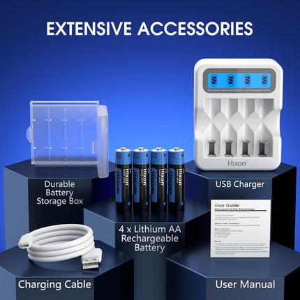 Hixon Rechargeable 1.5V AA Lithium Battery, 3500 mWh with 1600 Long Cycles, 2.0 Hours Fast Charge, 4 Pack Lithium 1.5V AA Batteries and White Smart LCD Display Charger