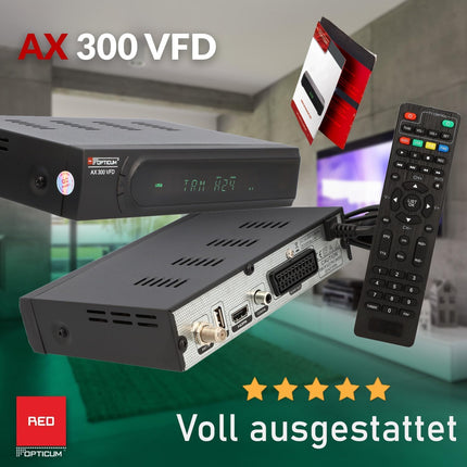 RED OPTICUM AX 300 VFD satelliitvastuvõtja PVR-iga | Digitaalne HD satelliitvastuvõtja tähtnumbrilise ekraaniga - DVB-S2 - HDMI - SCART - USB 2.0 - koaksiaalheli | 12V toiteallikas ideaalne telkimiseks