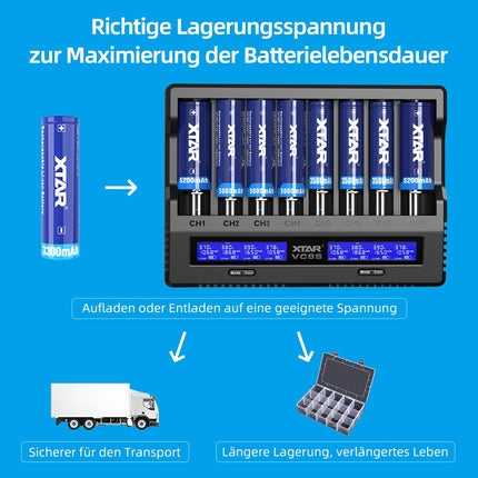 XTAR VC8S laetav 18650 21700 akulaadija 8 pesaga USB-C akulaadija testpatareide tegeliku mahutavuse mõõtmiseks koos PD45W adapteriga 3,6 V 3,7 V Li-ioon ja 1,2 V Ni-MH akude jaoks