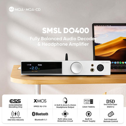 SMSL DO400 täielikult tasakaalustatud DAC kõrvaklapivõimendi, ES9039MSPRO XMOS-XU316 USB MQA DAC Bluetooth 5.1/USB/AES/Opt/Coax/IIS sisend 4.4mm/6.35mm/4-XLR väljundvõimendi kaugjuhtimispuldiga (hõbedane)