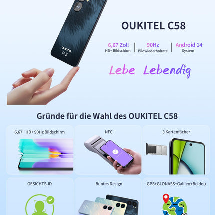 OUKITEL C58 (16GB+128GB) nutitelefon ilma lepinguta - 6,67-tolline 90Hz Android 14 mobiiltelefon soodne, 5150mAh aku, 13MP+5MP kaamera, näotuvastus ja sõrmejäljelugeja, NFC, GPS, kahe SIM-kaardi pesa 4G soodne nutitelefon, must