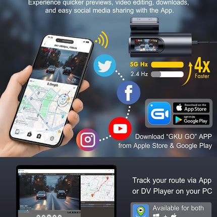 GKU 4K autoregistraator esi- ja tagakaameraga, 5 GHz WiFi GPS, kahekordne autoregistraator, 1,5” IPS miniautokaamera 64 GB SD-kaardiga, parkimismonitor, öönägemine, WDR, 170° lainurk, G-andur, rakenduse juhtimine, max 256 GB